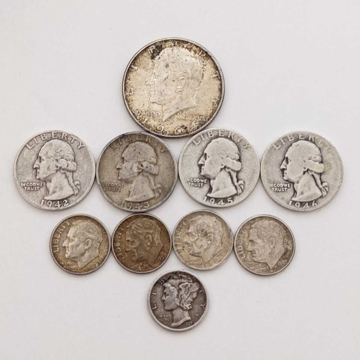 アメリカ銀貨1964年ハーフダラー1枚1942~1946年クォーターダラー４枚