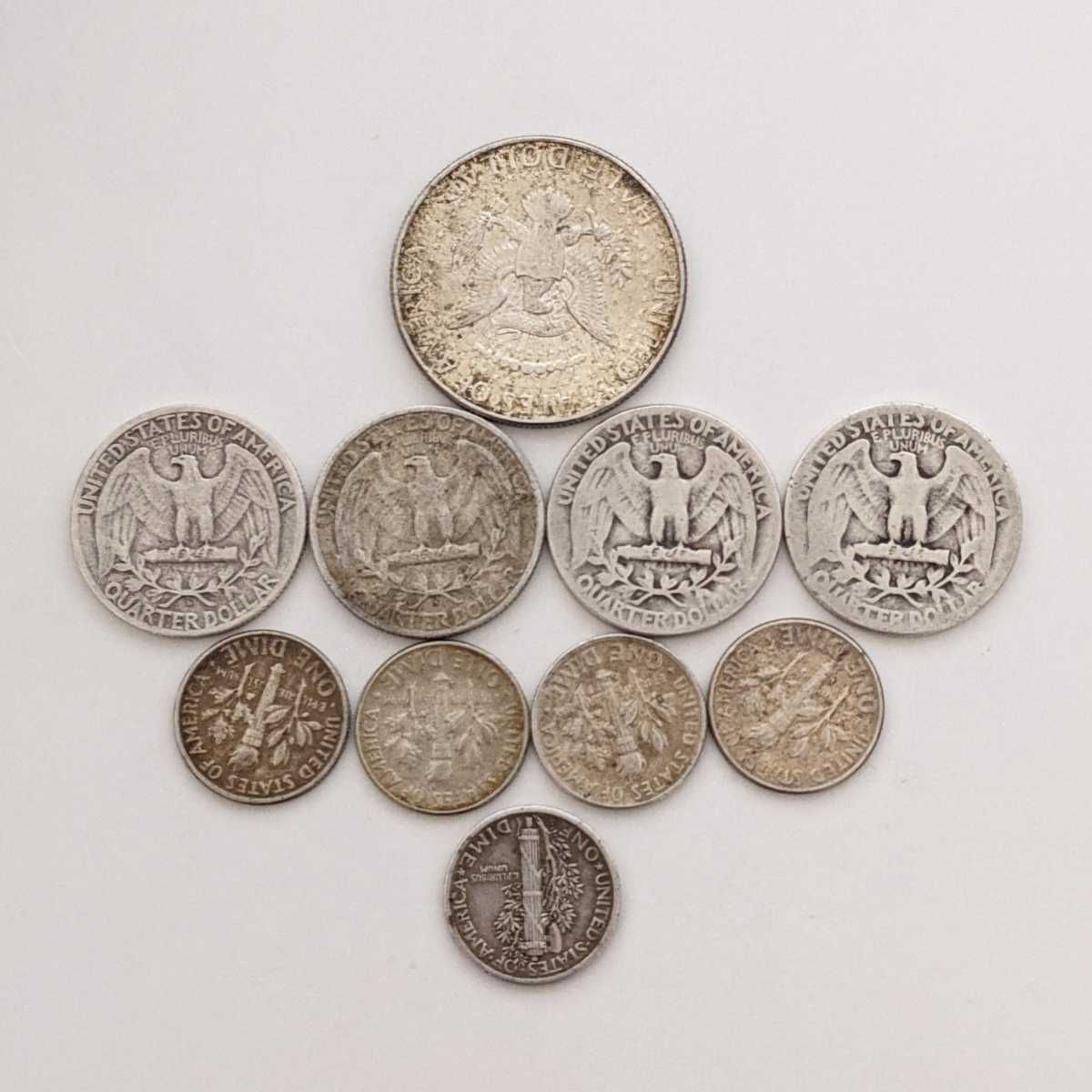アメリカ銀貨1964年ハーフダラー1枚1942~1946年クォーターダラー4枚