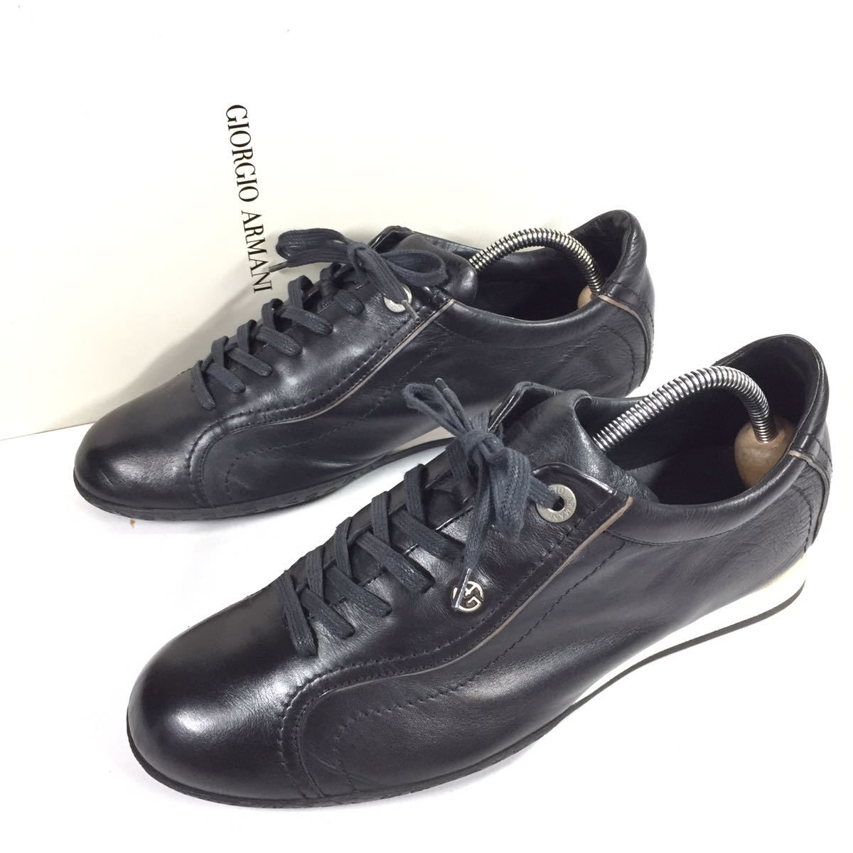 【ジョルジオアルマーニ】本物 GIORGIO ARMANI 靴 24cm 黒 GA金具 スニーカー カジュアルシューズ 本革 レザー 男性用 メンズ 伊製 39 箱有