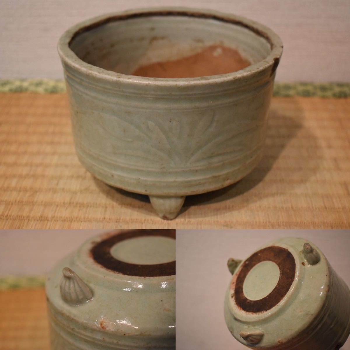 GE】M841【関西コレクター所蔵品】時代 天龍寺青磁花紋三足香炉 /朝鮮