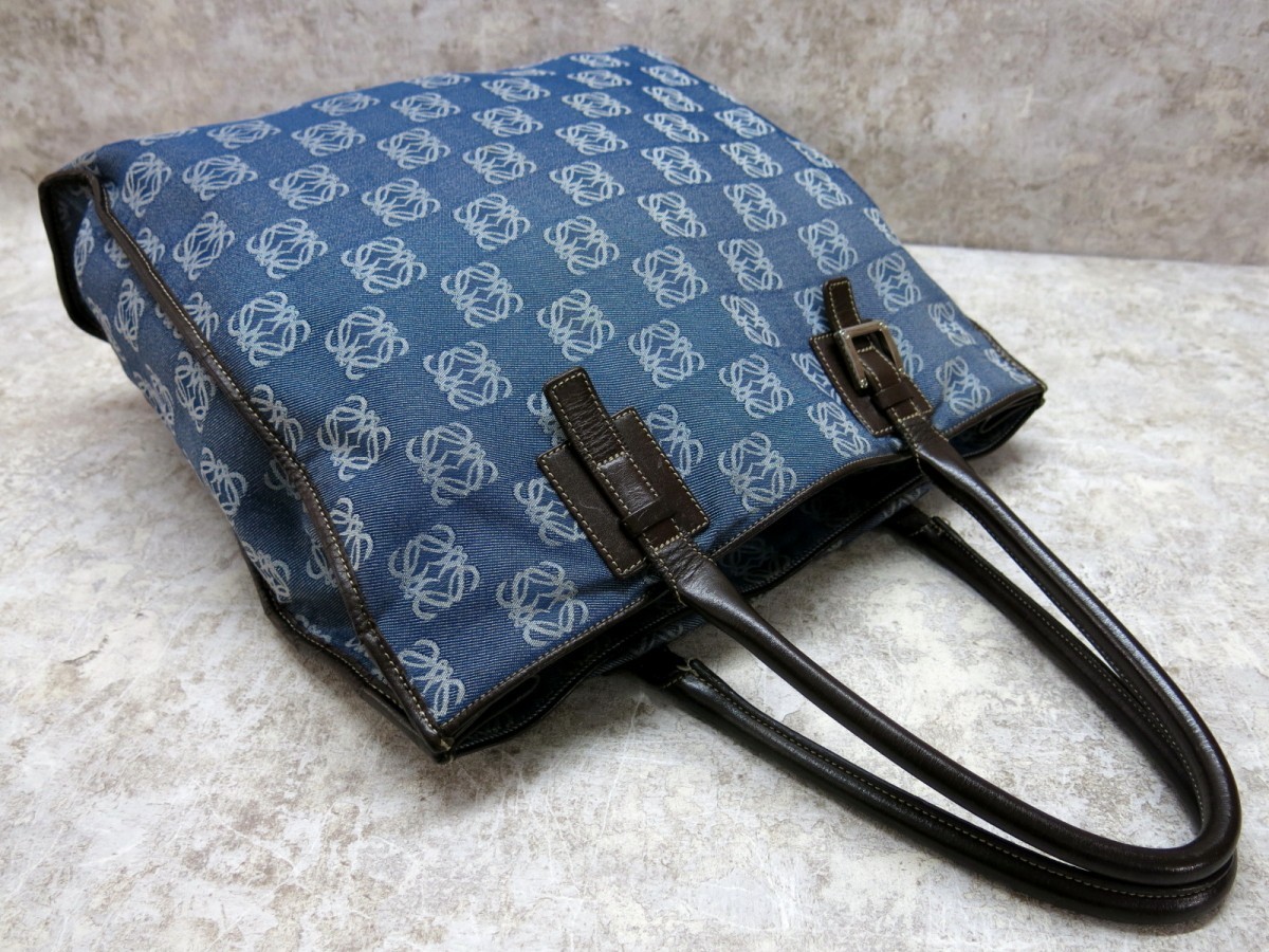 □LOEWE ロエベ□メンズ□アナグラム 総柄□デニム カーフ レザー 本革 