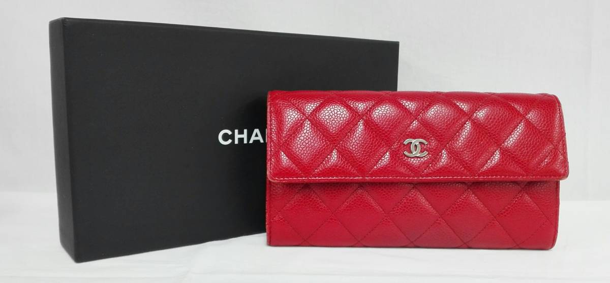 CHANEL シャネル キャビアスキン ココマーク マトラッセ 長財布 レッド 
