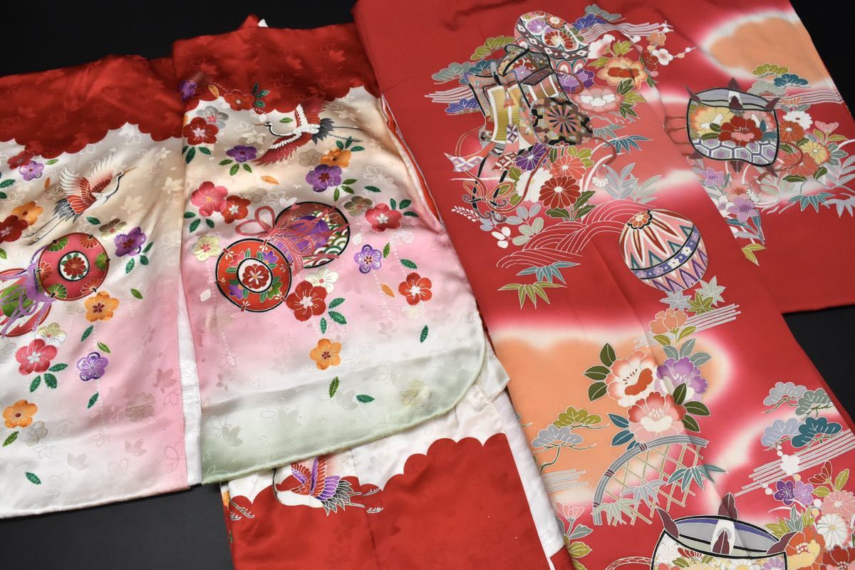 七五三 大正ロマン 着物 赤 レンタル 正絹 Y1682 七五三 子供着物 大正