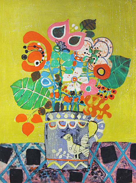 真作WISHアイズピリ Paul Aizpiri「赤い花瓶の花」リトグラフ 12