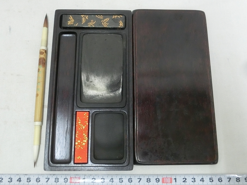 P3034 鳩居堂 木製 硯箱 硯 篆刻硯 筆 墨 6点 携帯書道具 書道具