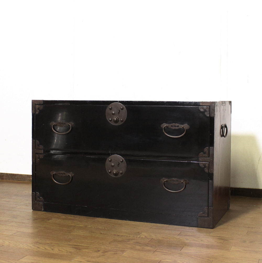 家具 時代箪笥 引出し二段 アンティーク ローボード 丸金具 古家具 古