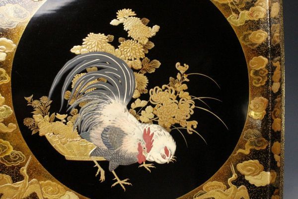 LIG】時代名品 高盛金蒔絵 伊藤若冲図蒔絵 玉眼 双鶏図盃台 福禄寿図