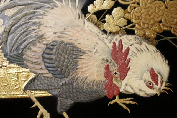LIG】時代名品 高盛金蒔絵 伊藤若冲図蒔絵 玉眼 双鶏図盃台 福禄寿図