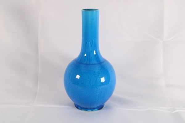 古美術 青い鶴首花入れ 花瓶 花草文彫刻陽刻 華道具 時代物