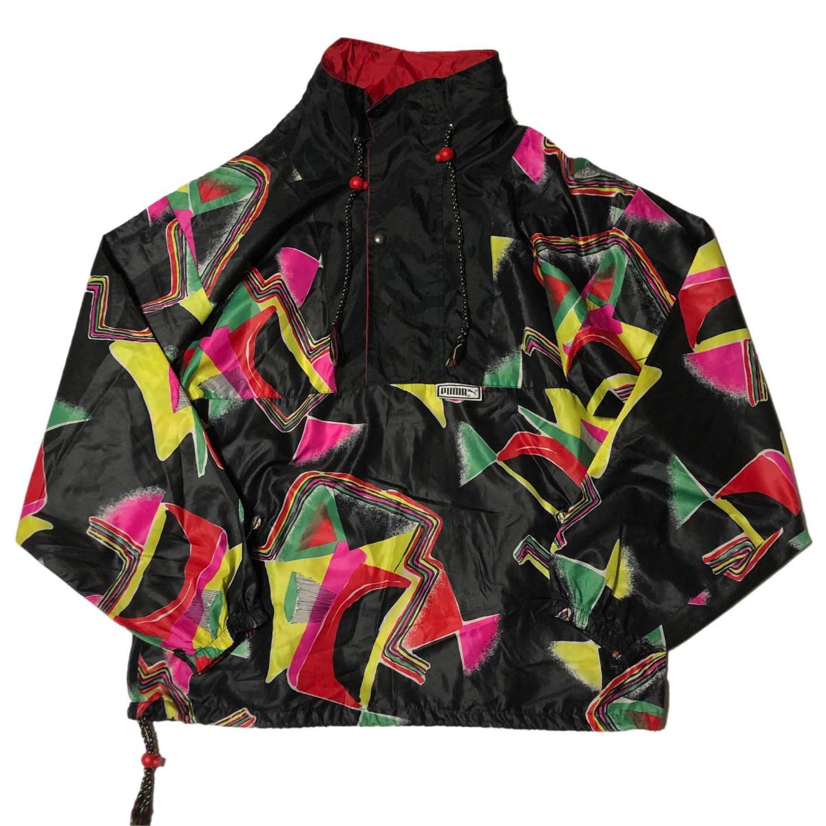 激レア イタリア製 【90s ビンテージ PUMA プーマ 総柄 ナイロン プルオーバー ジャケット 黒】アメリカ UK 英国 アノラック ユーロ ADIDAS パーカ ファッション