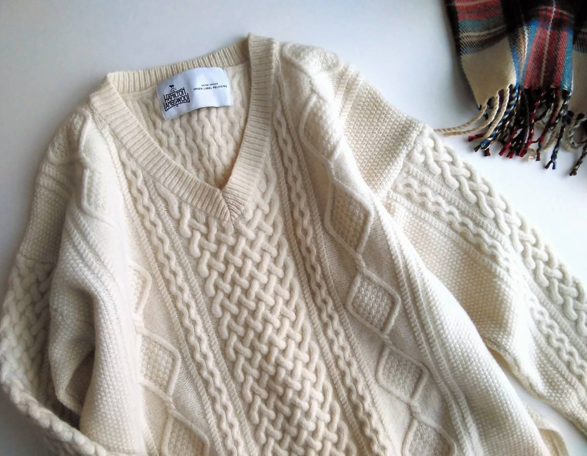 ユナイテッドアローズ　green label reraxing★ハミルトンラムズウール100★ケーブル編みニット　フリー　オフホワイト　UNITED ARROWS 