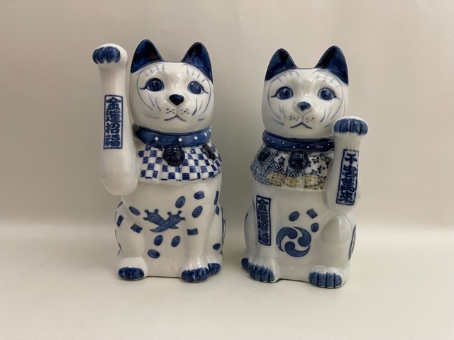 招き猫 17.5cm 染付 一対 まねき猫 /検索 猫 置物 陶器 磁器 九谷焼 