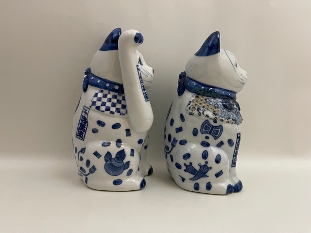 招き猫 17.5cm 染付 一対 まねき猫 /検索 猫 置物 陶器 磁器 九谷焼 