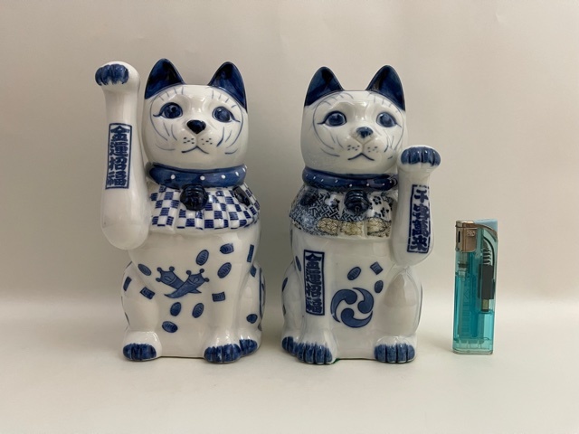 招き猫 17.5cm 染付 一対 まねき猫 /検索 猫 置物 陶器 磁器 九谷焼