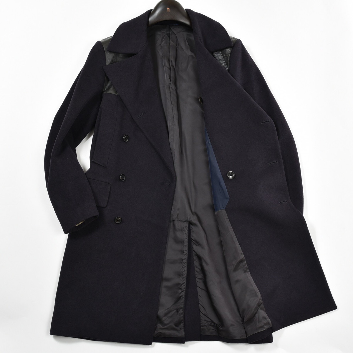 |Paul Smith ポールスミス|スタイリッシュな佇まい レザー切替 ウール チェスターコート ナポレオン ネイビーxブラック Mサイズ ...