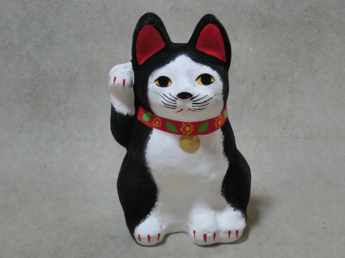 三河招き猫 郷土玩具 ハチワレ猫 土人形 土鈴 昭和レトロ 縁起物 高さ