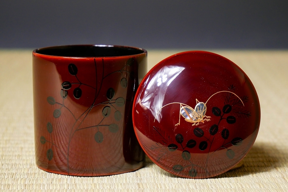 幸 新年秀逸茶道具展】『喜三誠志』造 輪島塗 萩に鈴虫 金輪寺 茶器 棗