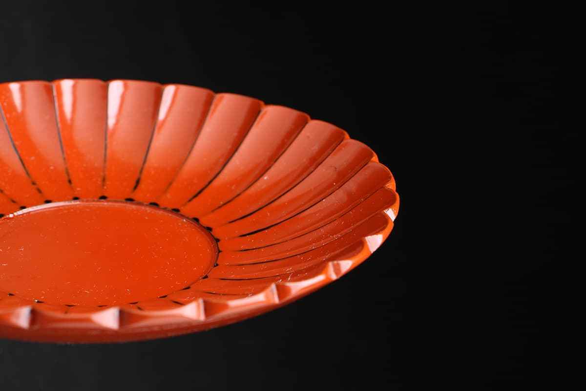 HT964 山中木製漆器 根来 菊形茶托 十客 総重240g・根来塗菊割茶托・菊  