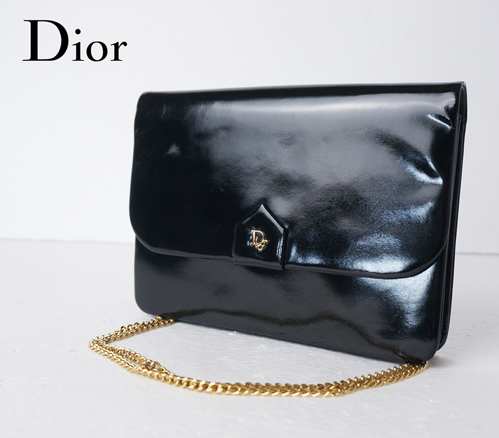 クリスチャンディオール Christian Dior ヴィンテージ チェーン ショルダーバッグ ブラック レザー ゴールド金具 Diorロゴ
