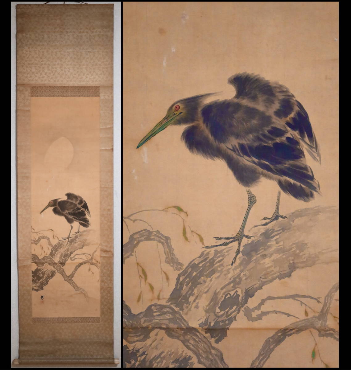 模写】掛軸 吉嗣鼓山 【月下花鳥図】 吉嗣拝山の子 福岡