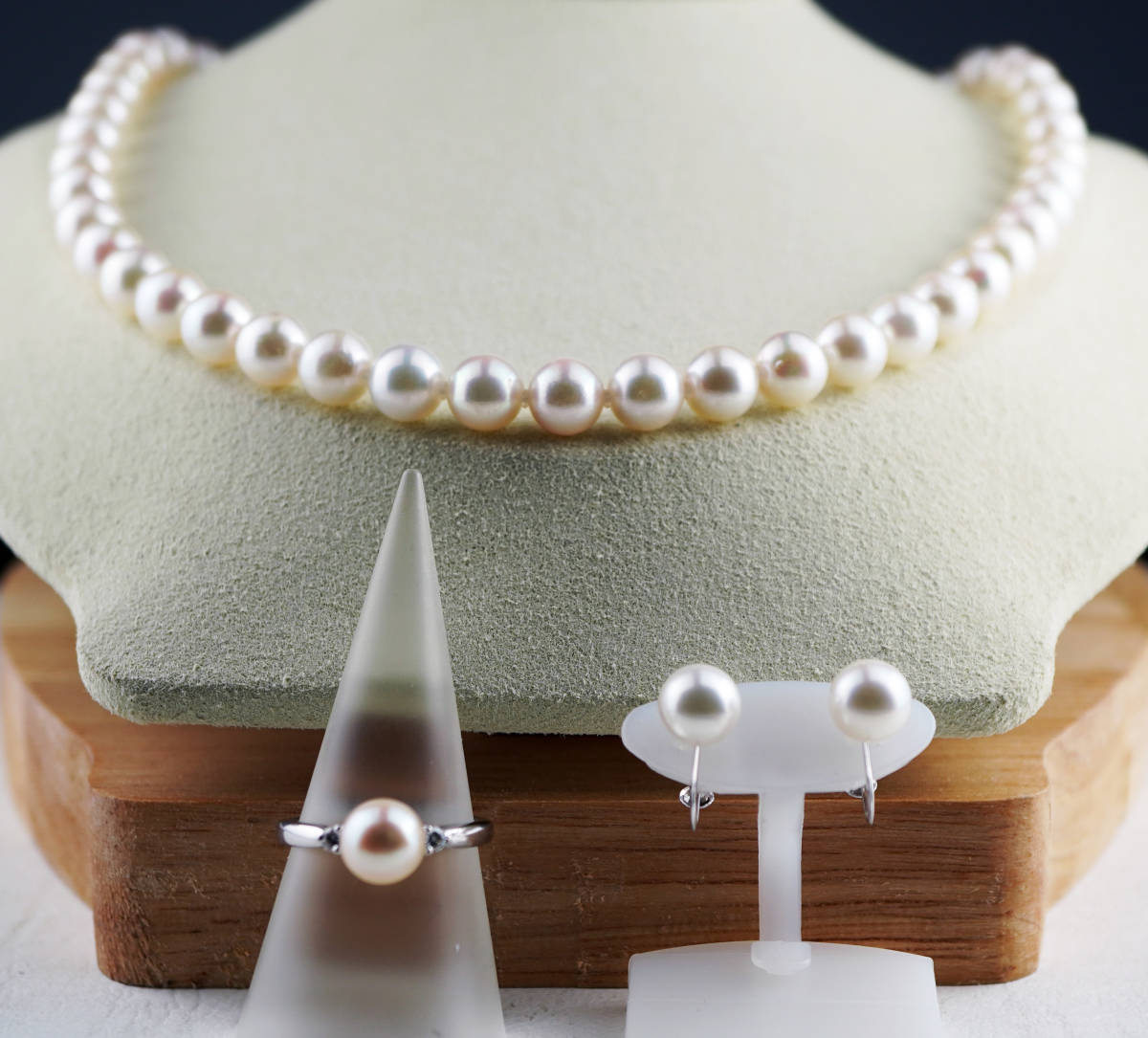 【ジュエリー卸直販】新春初売り【7.5㎜～8.0㎜】あこや真珠３点SET・K18WGダイヤ【7.8㎜】リング・【7.7㎜】k14イヤリング　1円～売り切り