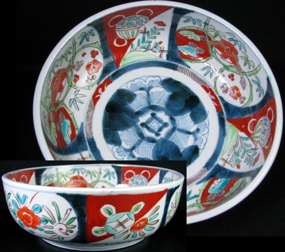 古伊万里 染錦 植物文鉢 幅：18cm 幕末～明治/22a002