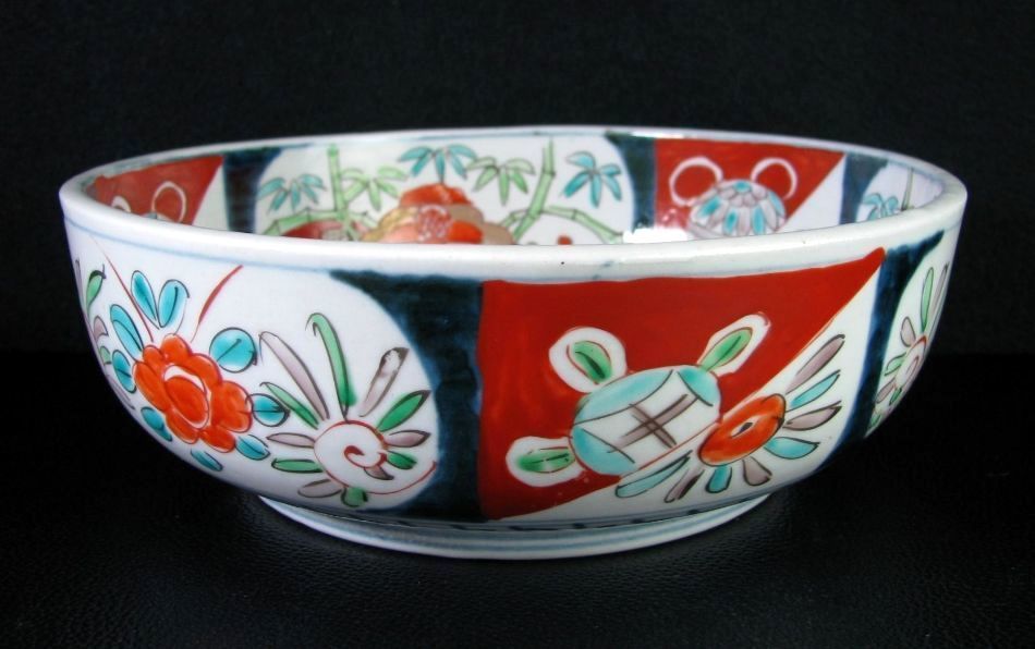 古伊万里 染錦 植物文鉢 幅：18cm 幕末～明治/22a002