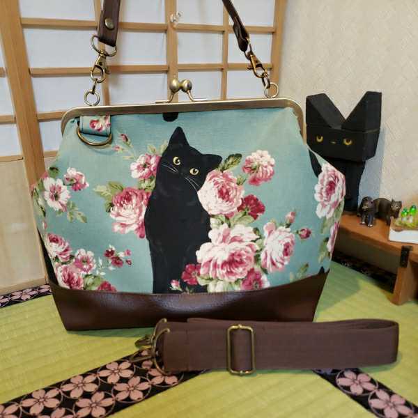 黒猫 アンティーク ローズ グリーン ネコ がま口 3way ショルダー 