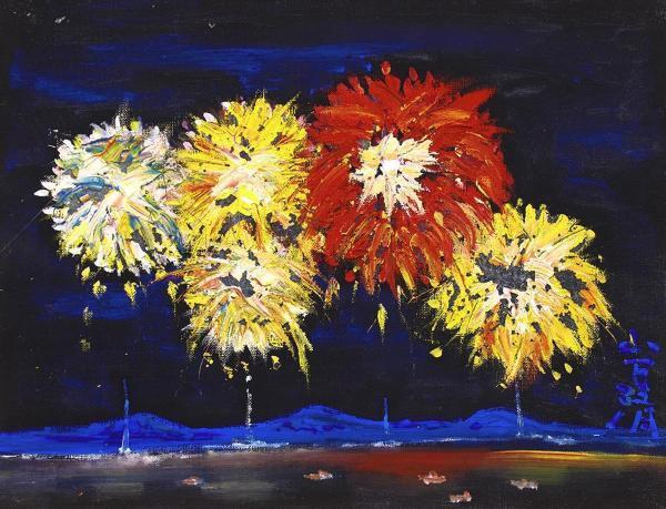 大作 真作WISH山下清「長岡の花火」リトグラフ 約12号 〇放浪の天才