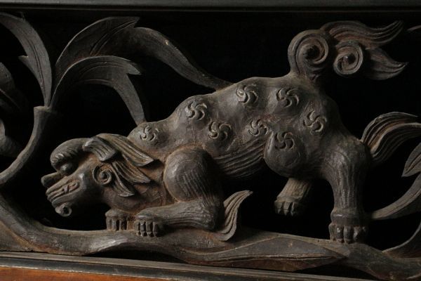 LIG】江戸期 木彫 牡丹獅子図欄間 特大99.5㎝ 細密彫刻 古美術品 旧家