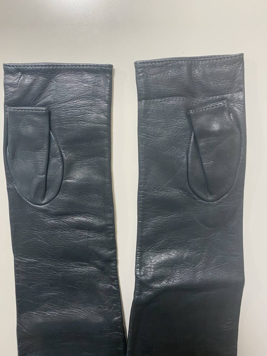 【美品】イタリア製　セルモネータ　レディース　レザー　ロンググローブ　ネイビー系　革手袋　サイズ7 シルク裏地　SERMONETA GLOVES セルモネータ 手袋 レザー ロング丈 美品 フェチの方