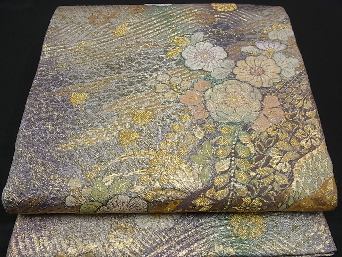 K62厳選西陣 箔紬 蘇芳色地 高級美術開き純金糸名古屋帯 新品
