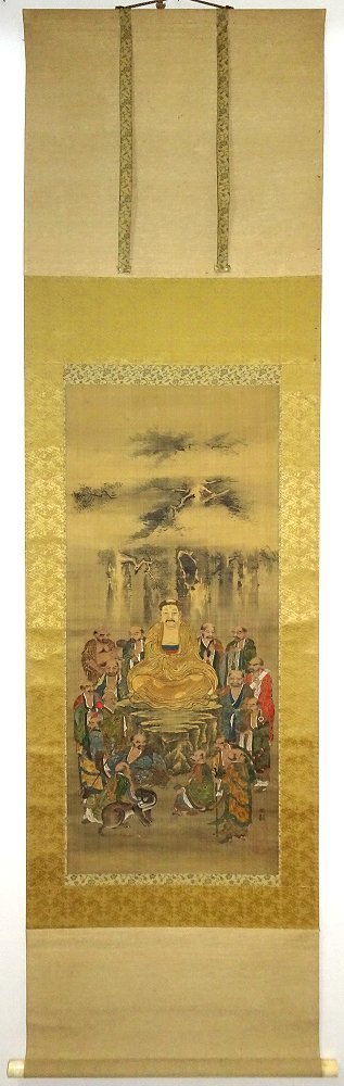 掛け軸】 仏教美術 仏画 「釈迦十六羅漢図」 絹本 彩色 金彩 銘あり