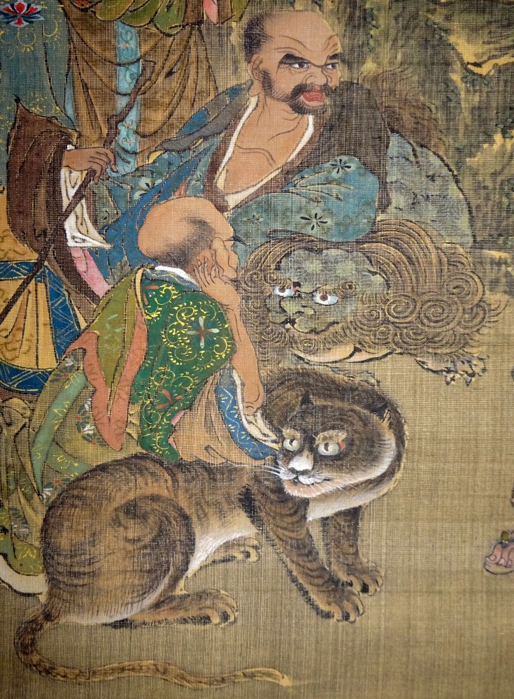仏教美術 仏画 羅漢図 龍 鬼 絹本 彩色 掛軸 掛け軸】 仏教美術 仏画 「釈迦十六羅漢図」 絹本 彩色 金彩 銘あり