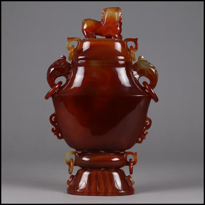 中国美術 天然石 本瑪瑙 赤瑪瑙 細密透彫刻 獅子摘蓋象耳遊