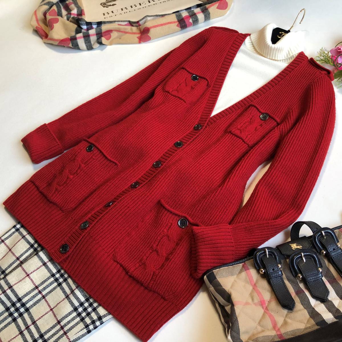 新作入荷，限定SALE 大きいサイズ/バーバリーロンドンBURBERRY トレンチ風ニットジャケット カーディガン コート 5/LL ケーブル 差し色 クリーニング済(XLサイズ以上)｜売買されたオークション情報、yahooの商品情 女性用