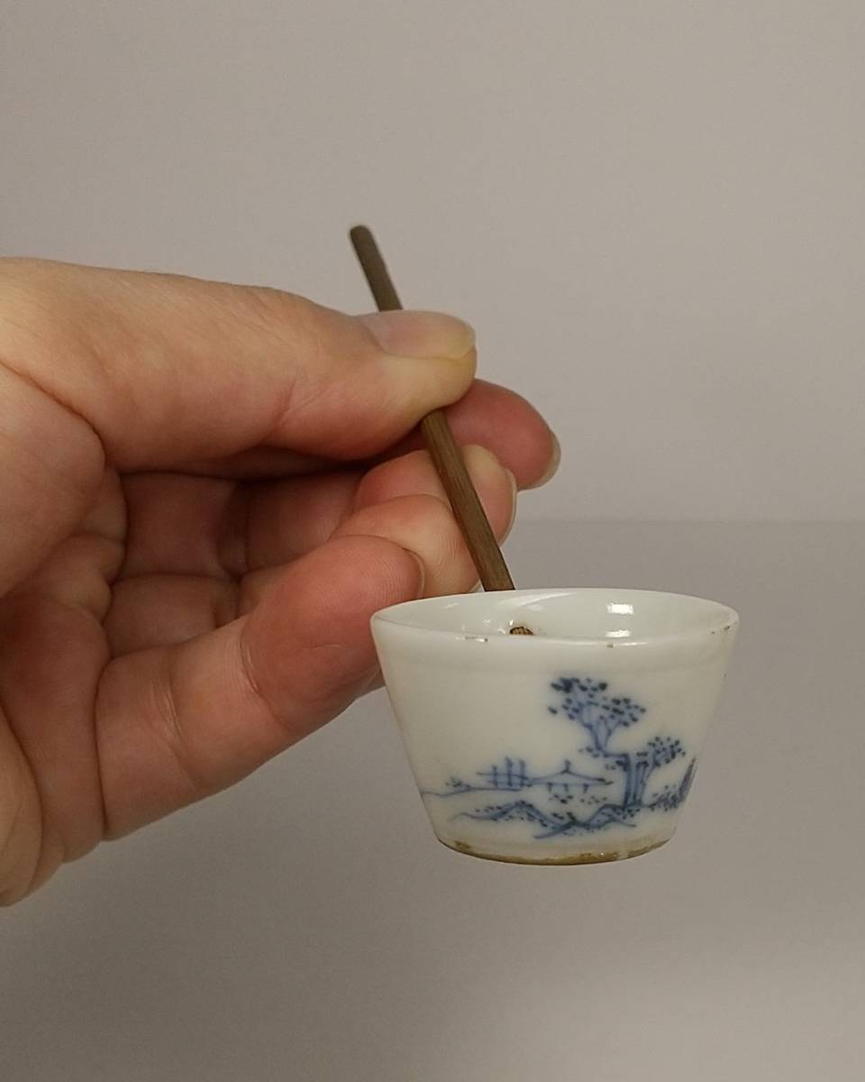 古伊万里 - 5客 5個 D230 江戸後期 染付松竹梅格子文蕎麦猪口 古美術