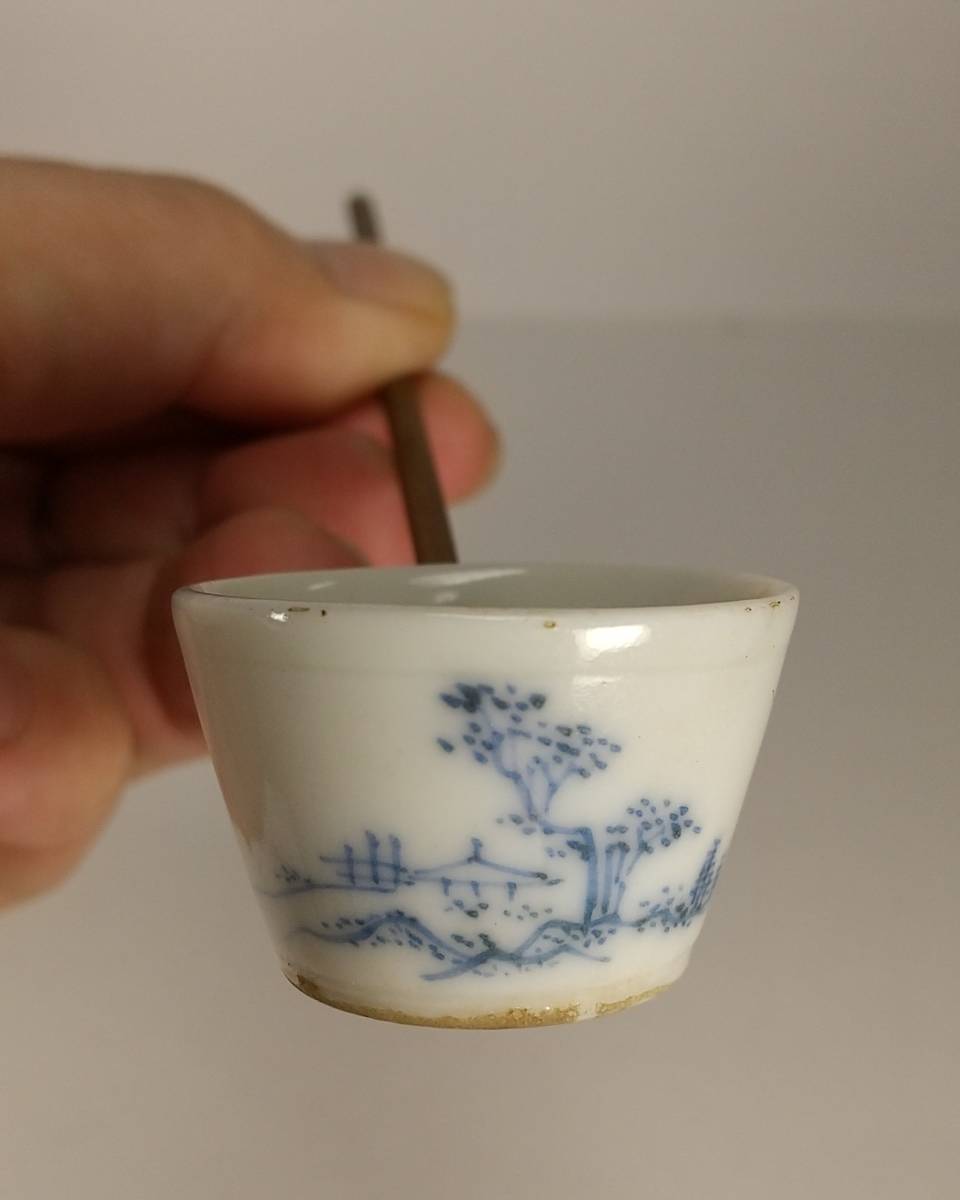 古伊万里 - 5客 5個 D230 江戸後期 染付松竹梅格子文蕎麦猪口 古美術