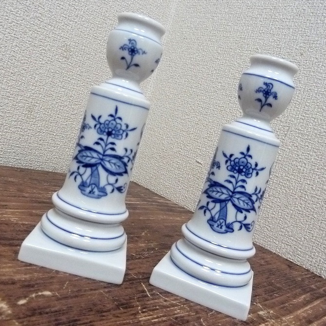 ☆BM)Meissen マイセン ブルーオニオン 燭台 キャンドルスタンド 2客