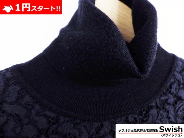 A918○VALENTINO ヴァレンティノ○レース 切替 ニット ワンピース M 紺