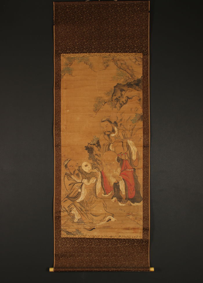 【真作】掛軸 山際桐鳳『慈母観音図』仏画 絹本 無地箱付 掛け軸 a011214 直入 観音 唐子 山水 絹本 掛軸