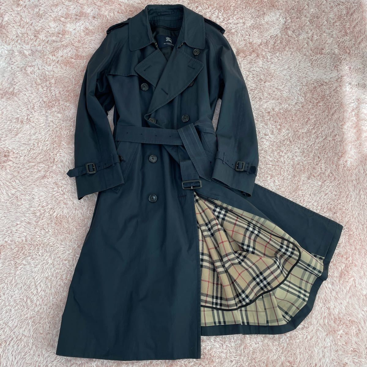 最高峰!! バーバリーロンドン トレンチコート 希少180サイズ XL以上 ロング丈 ノバチェック柄 BURBERRY カシミヤライナー ダークネイビー トレンチコート BURBERRY バーバリー 定価18万○美品BURBERRY LONDON○最高級ステンカラーコートノバ トレンチ
