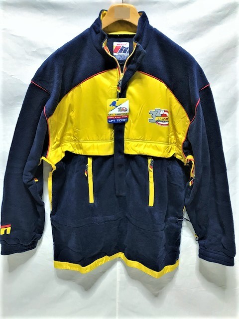 【MECCA USA/メッカ】ロゴ フリース ジップアップ プルオーバー ジャケット NAVY Size:L 新品 デッドストック/希少/大き目/アウトドア/防寒 ハーフジップ フリース メンズ OFF-WHITE 美品 刺繍ロゴ