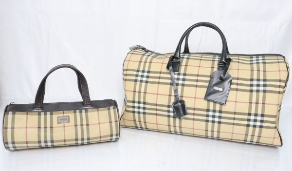【ト滝】 BURBERRY バーバリー ノバチェック キャンバス レザー ボストン ハンド バッグ 南京錠 旅行 トラベル 大型 鞄 まとめ DS547DEC12