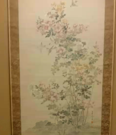 2尺大幅 掛け軸「薔薇と雀の図」藤田苔石 | 藤田苔石