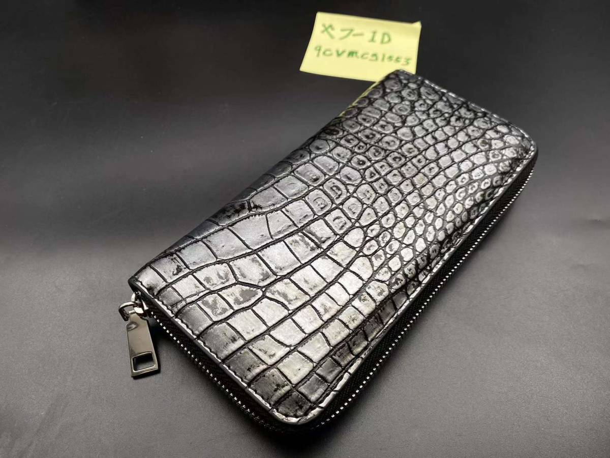 新品 限定色【シルバー】クロコダイル ワニ革 腹革 長財布 本物 ラウンドファスナー 財布 一枚革 小銭入れあり 実物写真 未使用