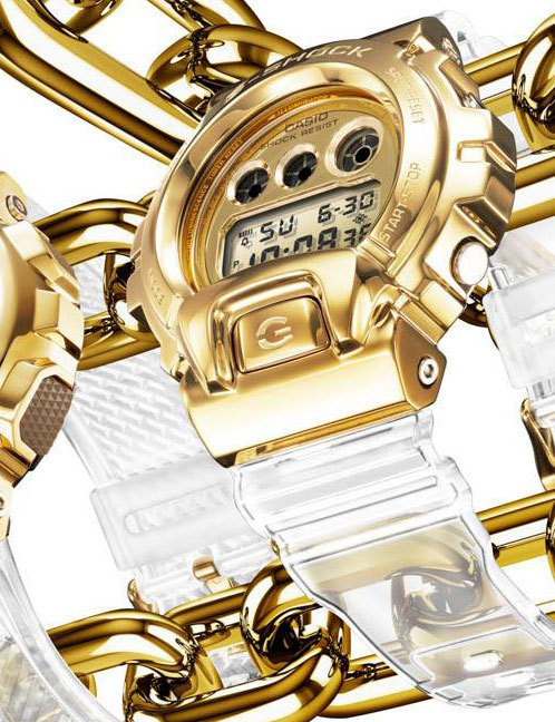 1円開始 G-SHOCK 黄金の透明クリアスケルトン 質感高い金属ベゼル 逆 