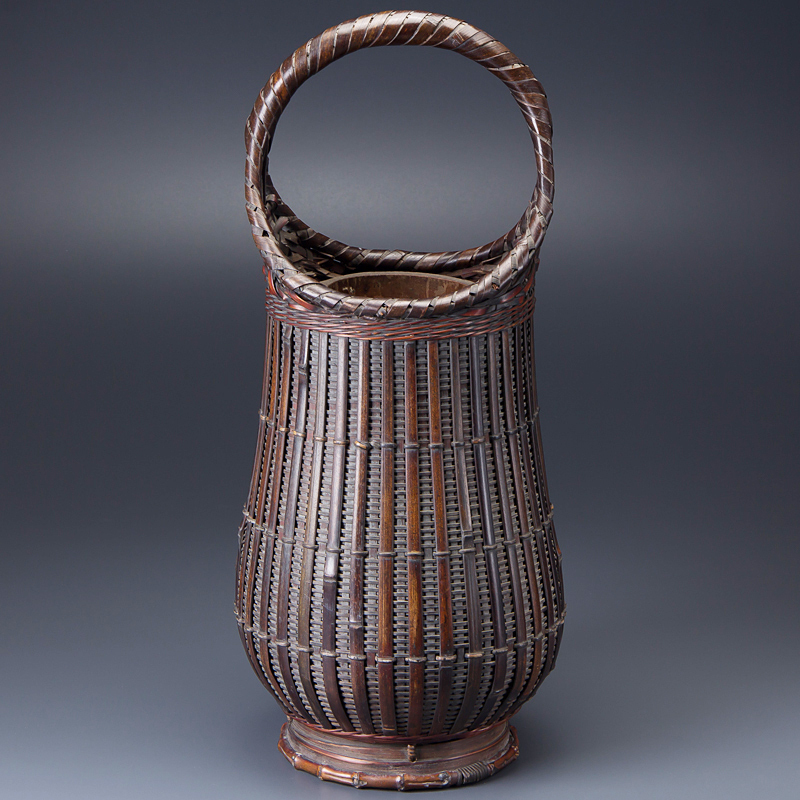 流】古美術品 時代 竹編花籠 竹籠 高35cm KE500 竹籠 時代 竹組