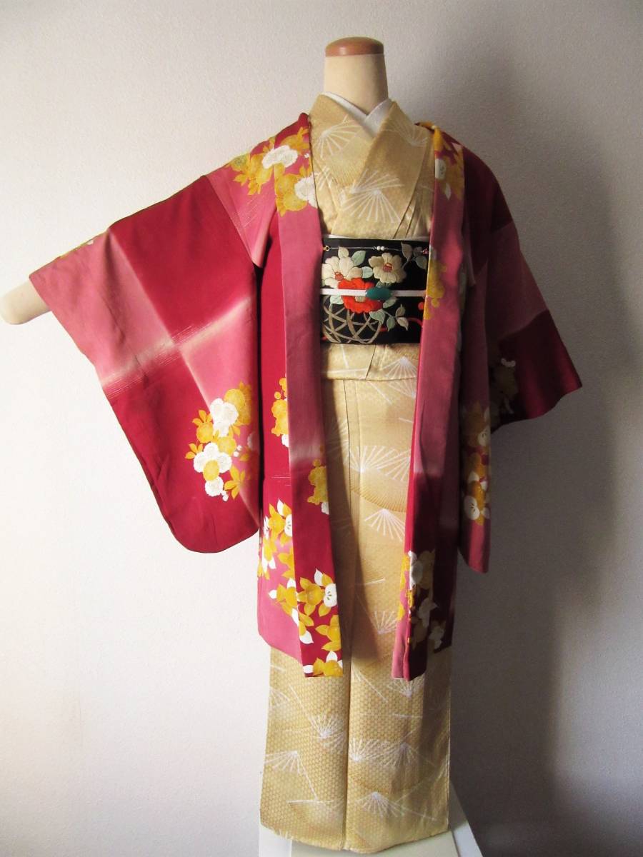 アンティーク着物 市松に花の丸 芳ばしい