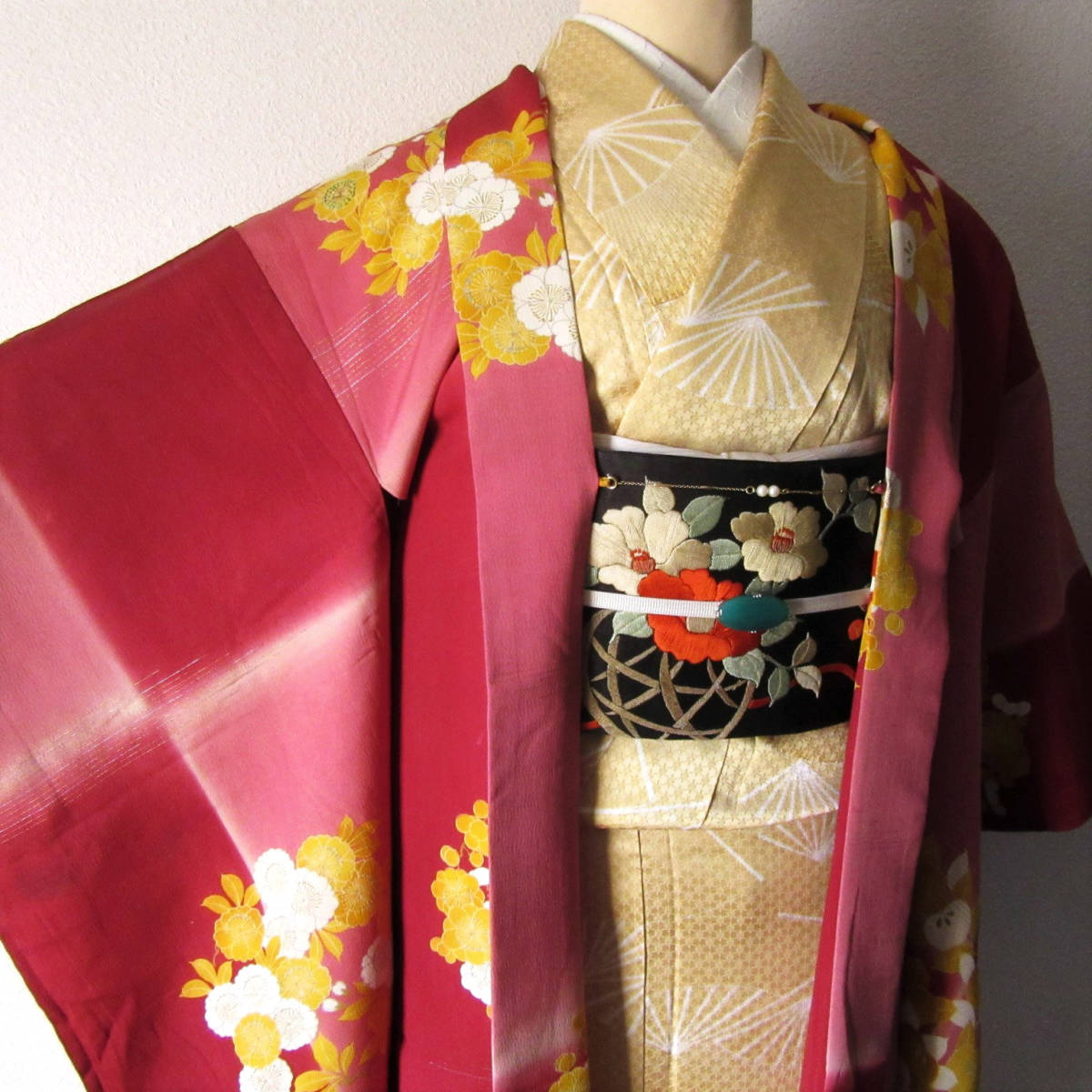 ☆梅・桜・橘花の丸柄 アンティーク羽織 市松模様 刺繍 着物 大正ロマン
